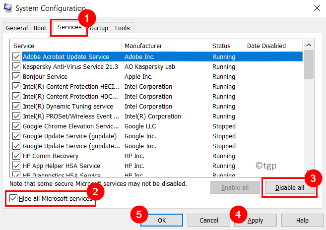 Services de configuration système Masquer les services Microsoft Désactiver tout Min