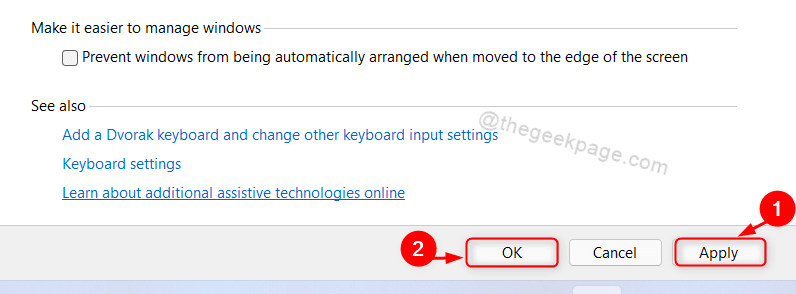 Klicken Sie für die Toggle Keys Option Win11 auf Apply Ok