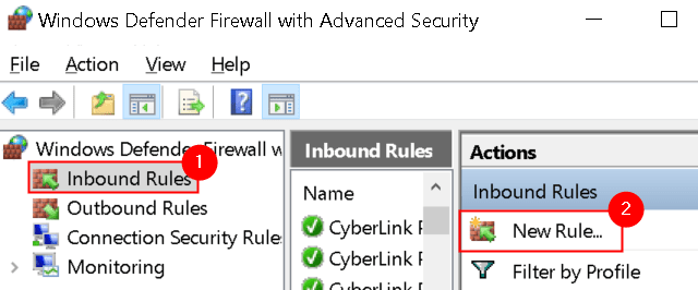 Windows Firewall Geavanceerde beveiliging Regels voor inkomend verkeer Nieuwe regel Min