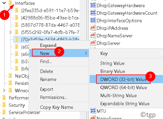 Interfaces de Parâmetros Tcpip do Registro Novo Dword Min