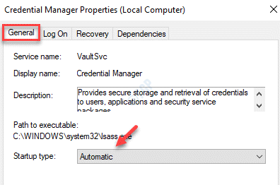 Proprietăți Credential Manager General Startup Tip Automatic