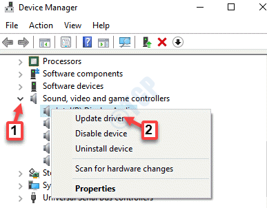 Administrador de dispositivos Controladores de sonido, video y juegos Expanda el controlador de la tarjeta gráfica Haga clic con el botón derecho en Actualizar controlador