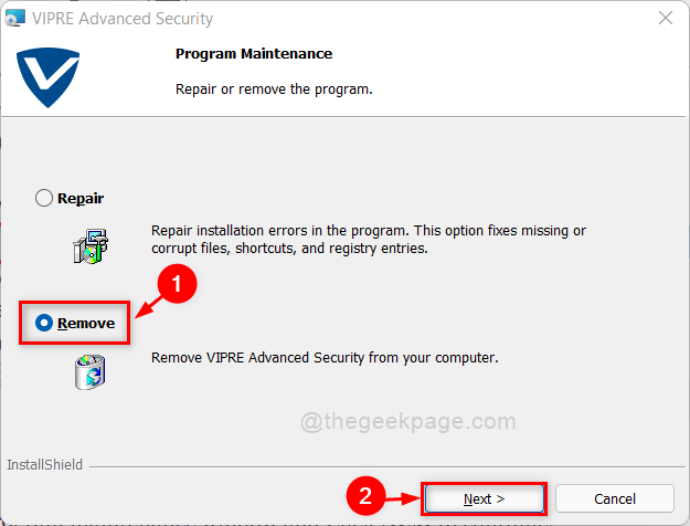 Удалить радиокнопку Vipre Uninstall