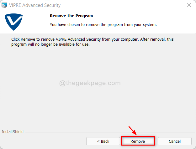 Удалить кнопку Vipre Uninstall