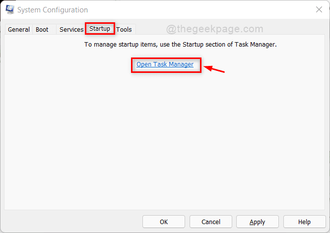 Откройте диспетчер задач Msconfig