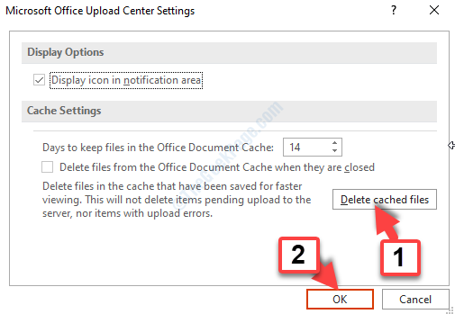 Configurações do Centro de Carregamento do Microsoft Office Excluir arquivos em cache Ok