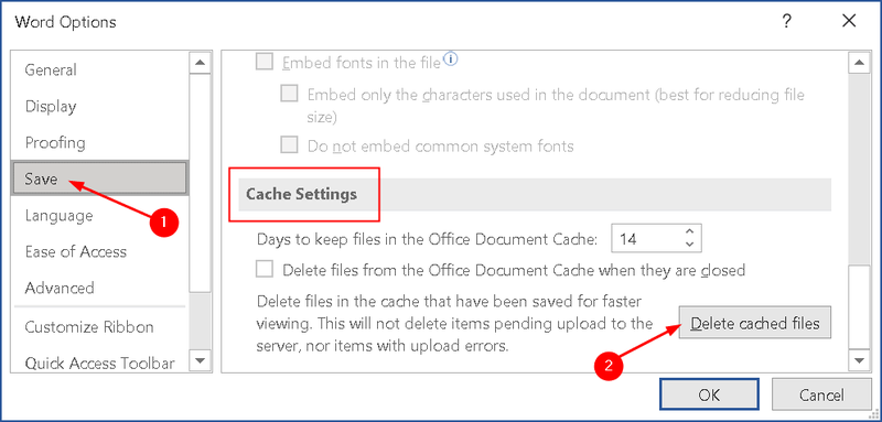 Opções do Word Configurações de Cache Mínimo