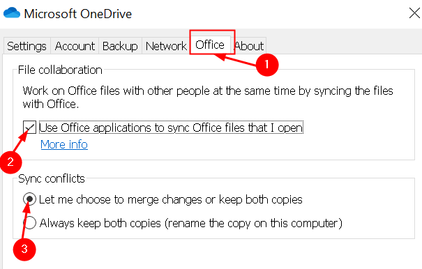 Configurações mínimas da guia One Drive Office