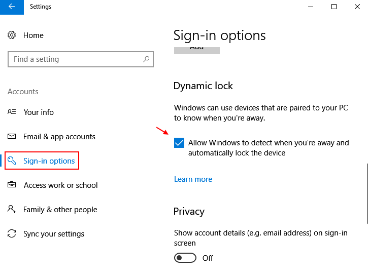 로그인 옵션 동적 잠금 Windows 10 1