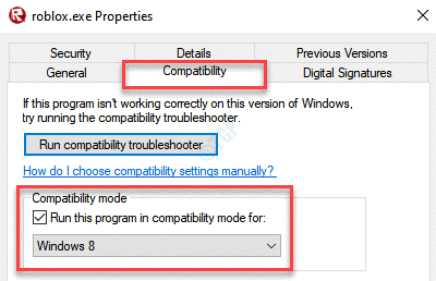 Svojstva Roblox,exe Kompatibilnost Pokrenite ovaj program u načinu kompatibilnosti za provjeru sustava Windows 8
