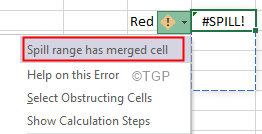 „Excel“ išsiliejimo klaidų išsiliejimo diapazonas sujungė langelius