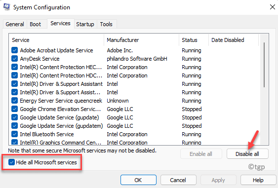 시스템 구성 서비스 모든 Microsoft 서비스 숨기기 확인 모두 비활성화 최소