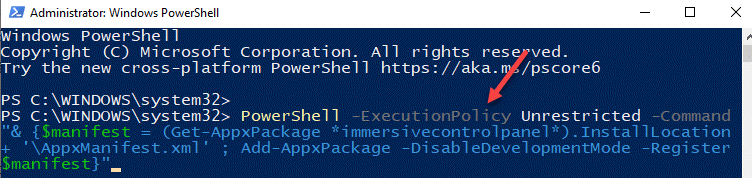 Windows Powershell (rendszergazda) Futtassa a parancsot az újratelepítéshez és a beállítások regisztrálásához App Enter