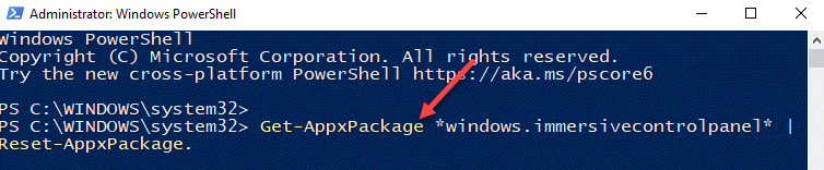 Windows Powershell (adminisztrátor) Futtassa a parancsot a Beállítások alkalmazás visszaállításához Enter