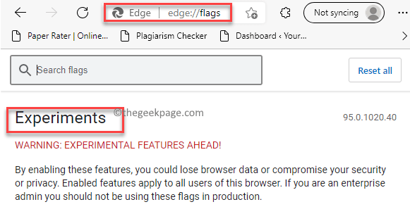 Edge Навигирайте до Edge Flags Експерименти Мин