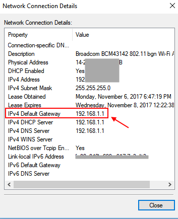 Podrobnosti Adresa smerovača brány Windows