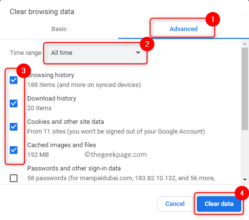 Chrome נקה נתוני גלישה נקה מטמון מינימום
