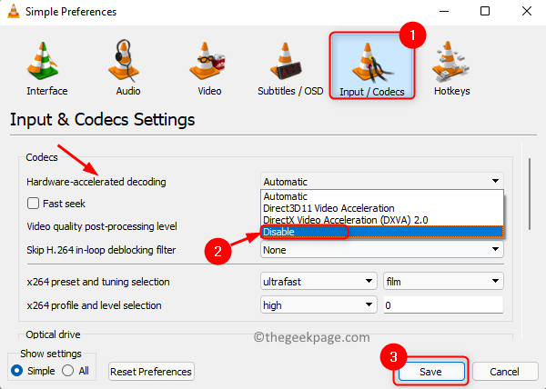 העדפות Vlc Codec בטל פענוח מואץ של החומרה Min