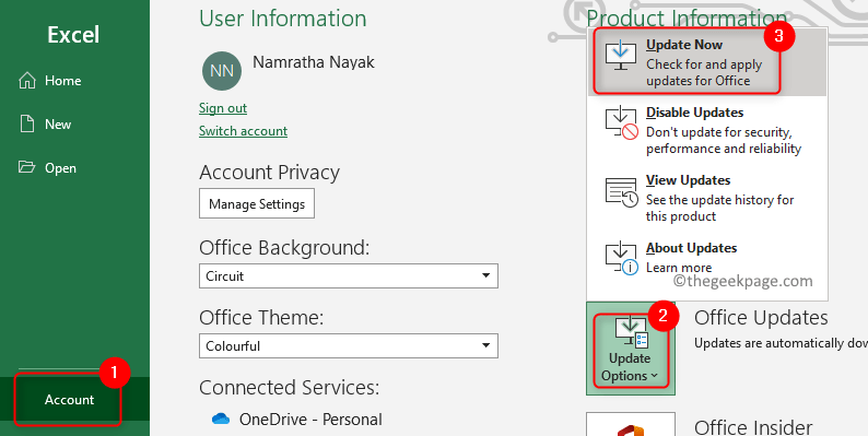 Актуализация на акаунт в Excel Office Мин