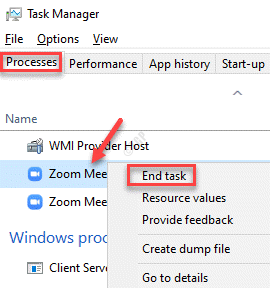 Aktivitetshanteraren bearbetar Windows-processer Zooma möten Högerklicka på Avsluta uppgift