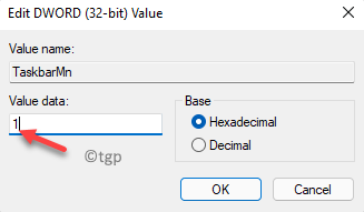 Editar Dword (32 bits) Valor Valor Dados 1 Ativar o ícone de bate-papo do Teams Ok