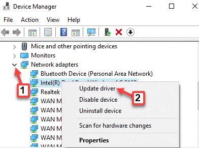 Device Manager Network Adapters Device انقر بزر الماوس الأيمن فوق تحديث برنامج التشغيل