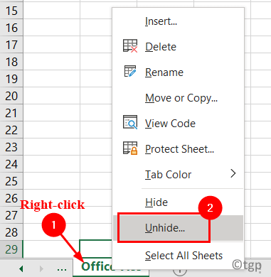 Hárok programu Excel Kliknite pravým tlačidlom myši Skryť Min