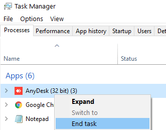 Завершить задачу Anydesk Мин.