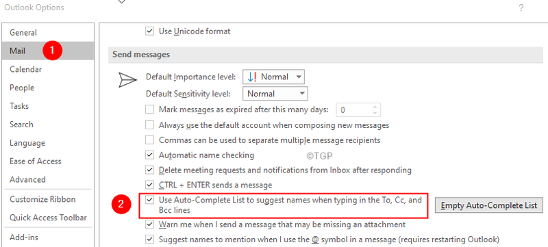 Opciones de correo de Outlook