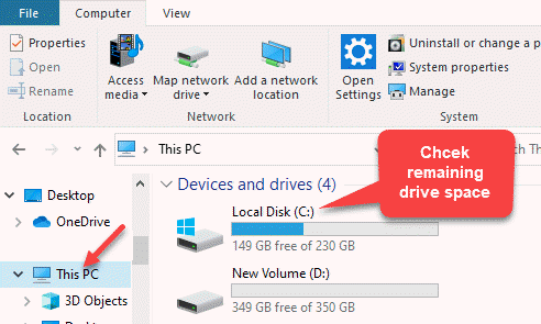 File Explorer Na desni strani tega računalnika preverite preostali prostor na disku