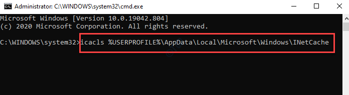 موجه الأوامر (المسؤول) قم بتشغيل Inetcache Command Enter