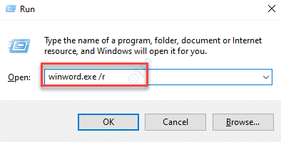 قم بتشغيل الأمر ثم قم بتشغيل Winword.exe R ثم أدخل الأمر