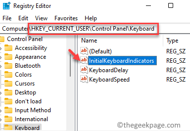 محرر التسجيل ، انتقل إلى المسار Initialkeyboardindicators انقر نقرًا مزدوجًا
