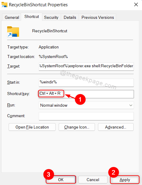 Nabor bližnjičnih tipk Recyclebinshortcut Win11