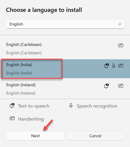 Wählen Sie eine zu installierende Sprache. Suchen Sie nach Sprache. Wählen Sie als Nächstes die Sprache aus