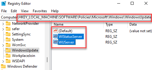 Registrierungseditor Navigieren Sie zu Windows Update Key Wuserver und Wistatusserver Delete
