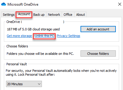 Microsoft Onedrive Dialogbox-konto Ta bort länken till den här datorn