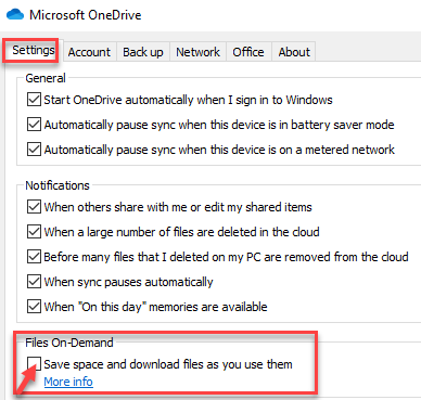 Microsoft Onedrive Dialogbox Inställningar Filer på begäran Spara utrymme och ladda ner filer när du använder dem Avmarkera