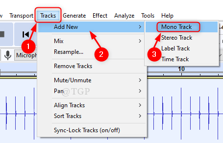 새로운 모노 트랙 Audacity Min 생성