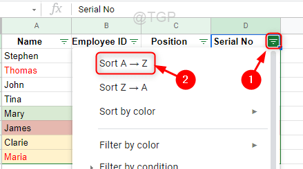 Ottieni i dati iniziali dopo aver ordinato Fogli Google Min