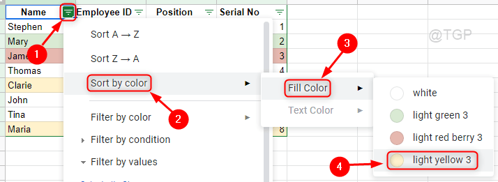 Ordina per colore riempimento Fogli Google Min