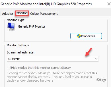 Ficha Monitor de propiedades Pantalla de configuración del monitor Frecuencia de actualización Seleccionar frecuencia de actualización