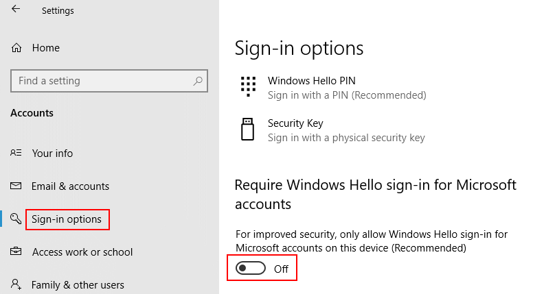 Параметр входа в Windows Hello Выкл. Мин.