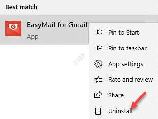 نتيجة Easymail لـ Gmail انقر بزر الماوس الأيمن فوق إلغاء التثبيت