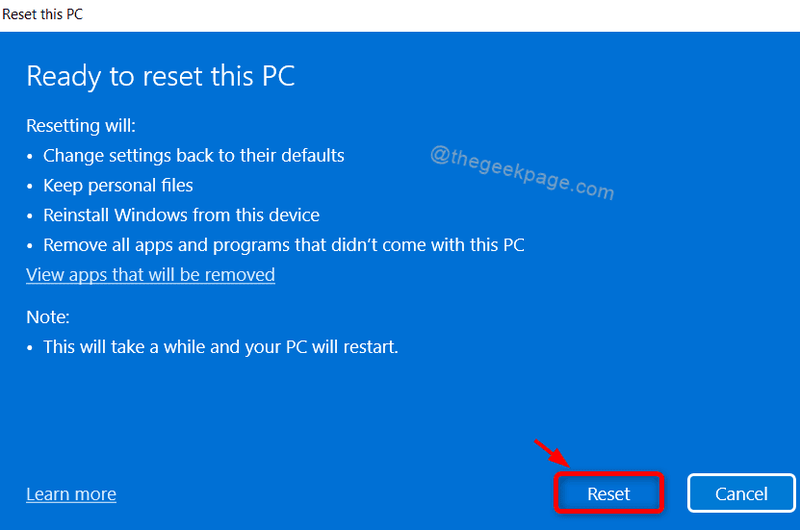الخطوة النهائية إعادة تعيين الكمبيوتر Win11