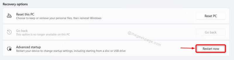 أعد تشغيل الآن خيارات استرداد الزر Win11