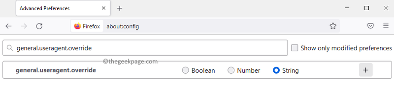 Firefox-Adressleiste Geben Sie General.useragent.override String Plus Symbol ein