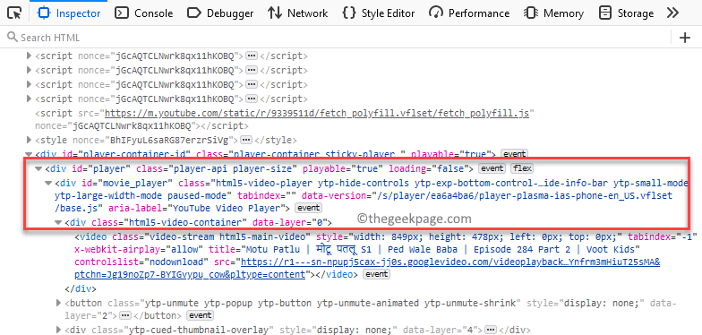 Inspector Tab Suchen Sie nach den jeweiligen Codes und erweitern Sie sie nacheinander Min (1)