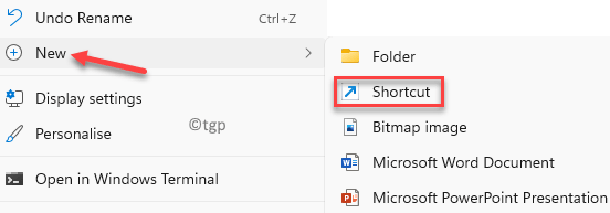 Área de trabalho Clique com o botão direito do mouse em Novo Atalho Mín.