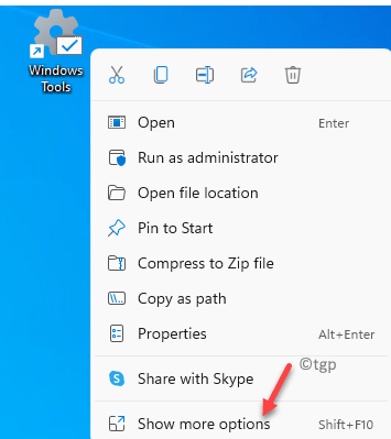 Atalho da ferramenta do Windows na área de trabalho Clique com o botão direito do mouse em Mostrar mais opções Min
